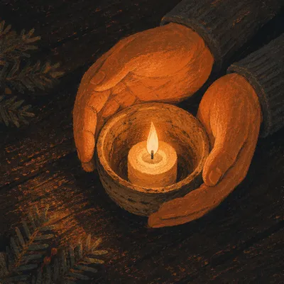Candlelit Praying Hands with Evergreen Sprigs