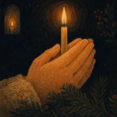Candlelit Prayer Hands with Evergreen Sprigs