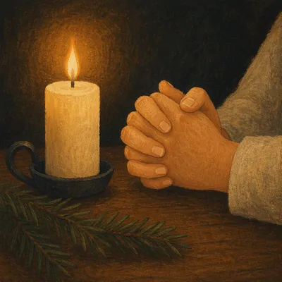 Candlelit Praying Hands with Evergreen Sprig