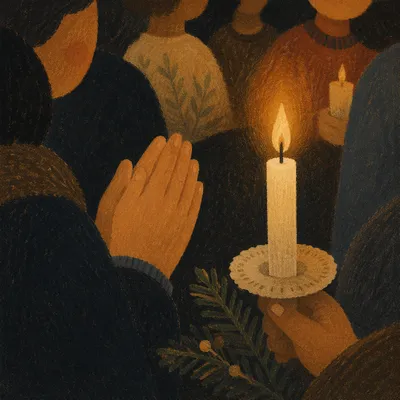 Candlelit Folded Hands in Evergreen Prayer