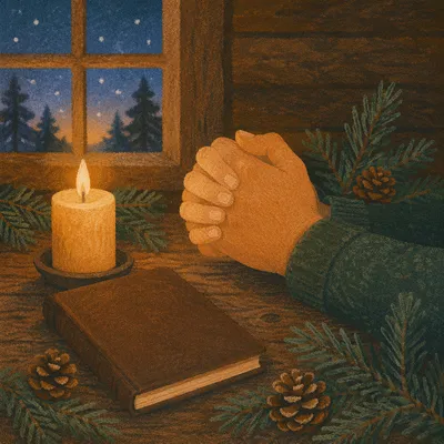 Candlelit Prayer Hands with Evergreen Sprigs