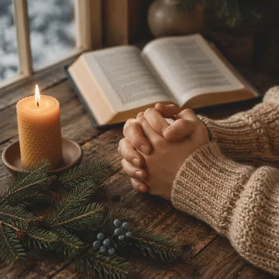 Candlelit Prayer Hands with Evergreen Sprigs