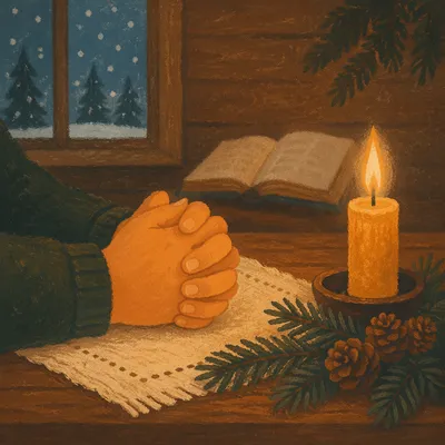 Candlelit Prayer Hands with Evergreen Sprigs