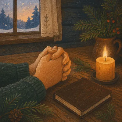 Candlelit Prayer Hands with Evergreen Sprigs