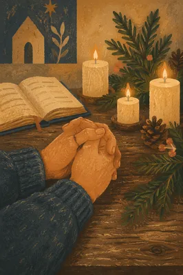 Candlelit Prayer Hands with Evergreen Sprigs