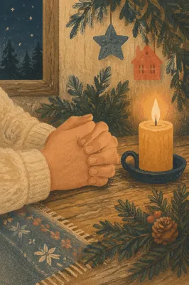 Candlelit Prayer Hands with Evergreen Sprigs