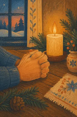 Candlelit Prayer Hands with Evergreen Sprigs