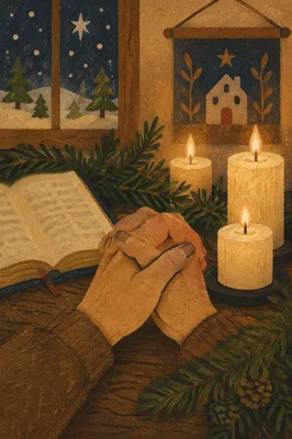 Candlelit Prayer Hands with Evergreen Sprigs