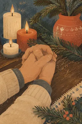 Folded Prayer Hands in Evergreen Candlelight