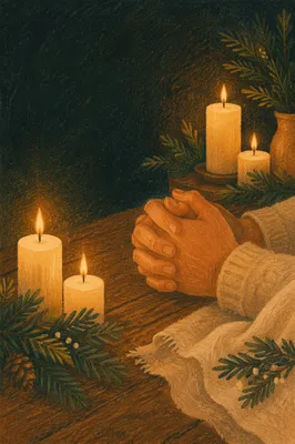 Candlelit Prayer Hands with Evergreen Sprigs