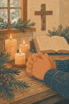 Candlelit Praying Hands with Evergreen Sprigs