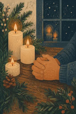 Candlelit Praying Hands with Evergreen Sprigs