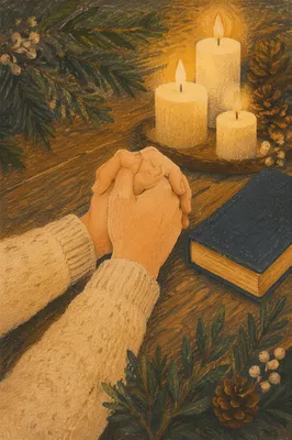 Candlelit Prayer Hands with Evergreen Sprigs