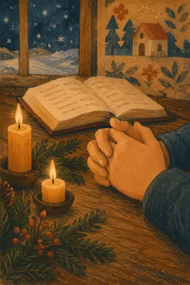 Candlelit Prayer Hands with Evergreen Sprigs