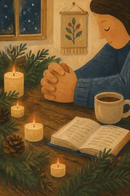 Candlelit Prayer Hands with Evergreen Sprigs