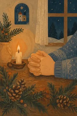 Candlelit Prayer Hands with Evergreen Sprigs