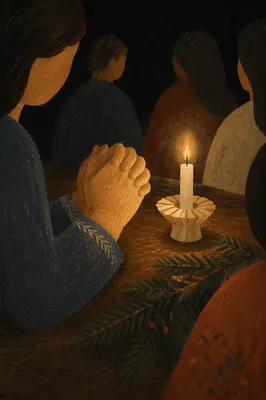 Candlelit Folded Hands with Evergreen Prayer