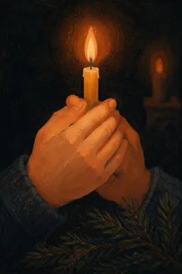Prayerful Hands Holding Candlelight with Evergreen