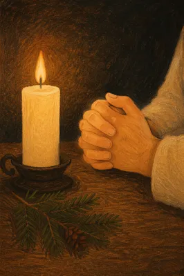 Candlelit Praying Hands With Evergreen Sprig