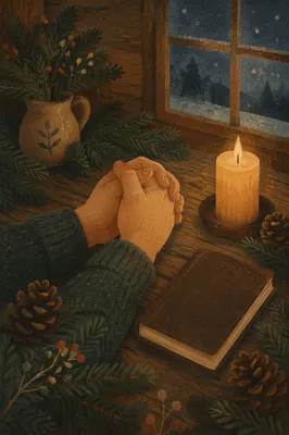 Candlelit Prayer Hands with Evergreen Sprigs