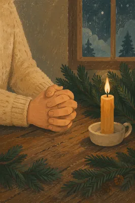 Candlelit Praying Hands with Evergreen Sprigs