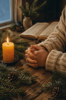 Folded Prayer Hands by Evergreen Candlelight
