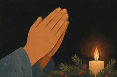 Candlelit Praying Hands with Evergreen Sprigs