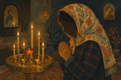 Folded Prayer Hands in Candlelit Sanctuary