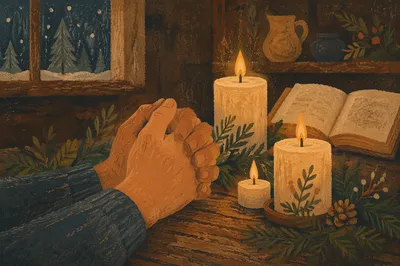 Candlelit Prayer Hands with Evergreen Sprigs