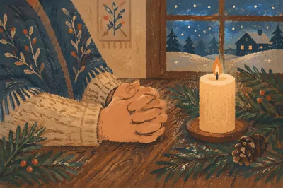 Candlelit Prayer Hands with Evergreen Sprigs