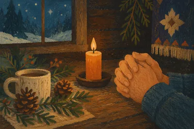 Prayer Hands by Candlelight with Evergreen