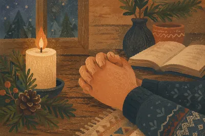 Candlelit Prayer Hands with Evergreen Sprigs