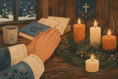 Candlelit Prayer Hands with Evergreen Wreath