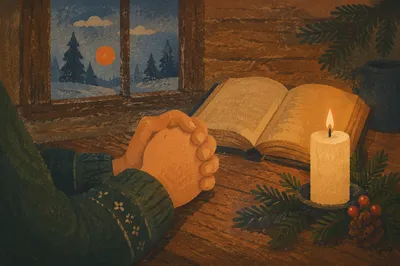 Candlelit Prayer Hands with Evergreen Sprigs