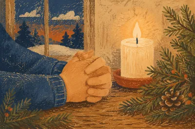 Candlelit Prayer Hands with Evergreen Sprigs