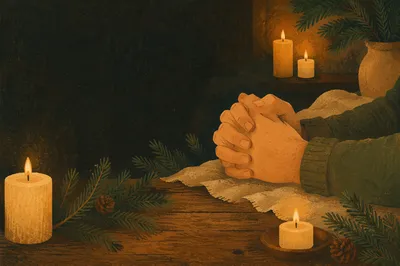 Prayer Hands by Candlelight with Evergreen