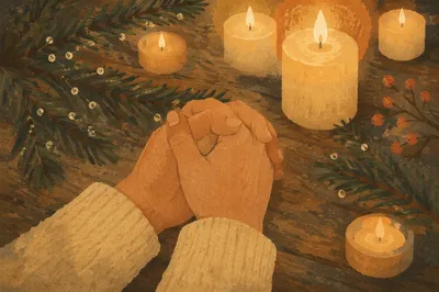 Folded Hands in Candlelit Evergreen Prayer