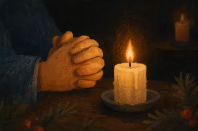 Prayerful Hands by Candlelight with Evergreens