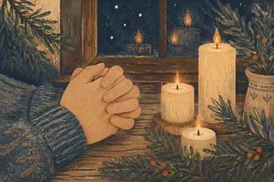 Candlelit Prayer Hands with Evergreen Sprigs