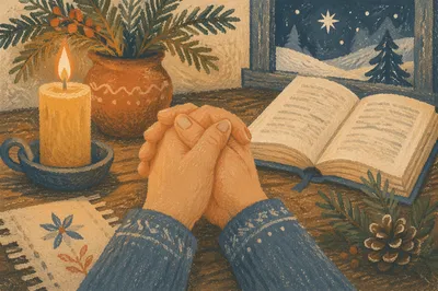 Praying Hands by Candlelight with Evergreen