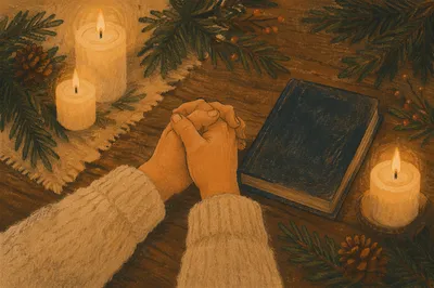 Candlelit Prayer Hands with Evergreen Sprigs