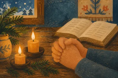 Candlelit Prayer Hands with Evergreen Sprigs