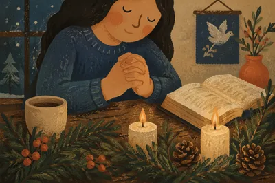 Candlelit Prayer Hands with Evergreen Devotion