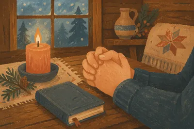 Candlelit Praying Hands with Evergreen Sprigs