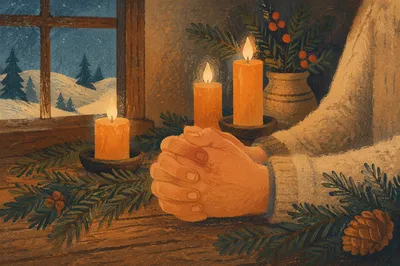 Candlelit Prayer Hands with Evergreen Sprigs