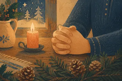 Candlelit Prayer Hands with Evergreen Sprigs