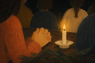 Folded Hands in Candlelit Evergreen Prayer