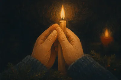 Prayerful Hands by Candlelight with Evergreen