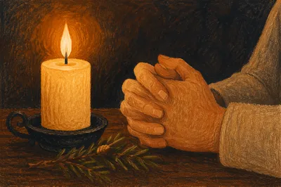 Candlelit Prayer Hands with Evergreen Sprig