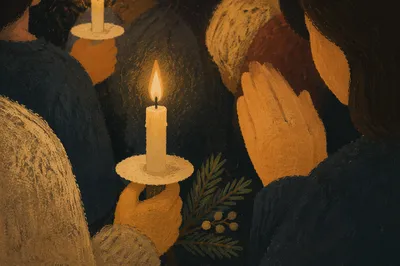 Folded Hands in Candlelit Evergreen Prayer
